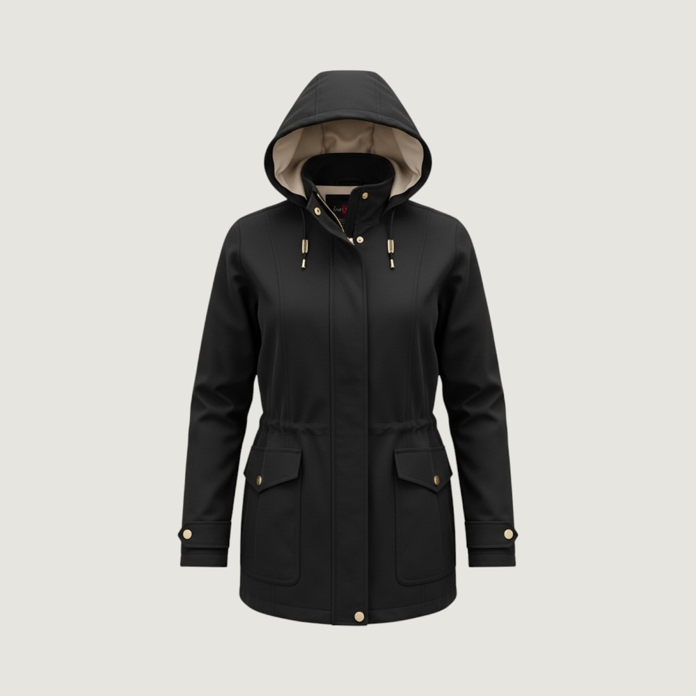 Gallery Womens XL Black Hooded Anorak Jacket Drawstring Waist Full Zip Parka